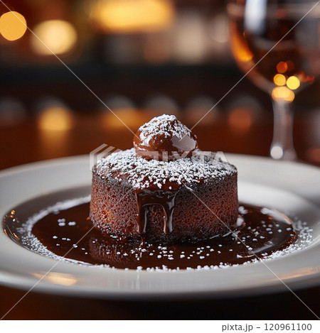 luxurious molten chocolate lava cake sits white plate generously dusted powdered sugar. 120961100