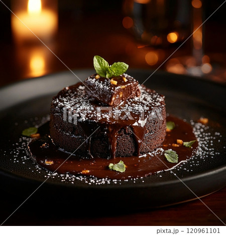sumptuous molten chocolate lava cake drizzled rich chocolate sauce captivates senses. 120961101