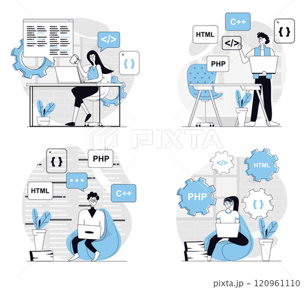 Programmer working concept set in flat design for web. Collection with people coding at screens, programming at different computer languages, creating applications and sites. Vector illustrations. Programmer working concept set in flat design for web. Collection with people coding at screens, programming at different computer languages, creating applications and sites. Vector illustrations. 120961110