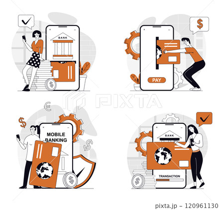 Mobile banking concept set in flat design for web. Collection with people using online bank services, managing credit cards, making transactions, sending money in application. Vector illustrations. Mobile banking concept set in flat design for web. Collection with people using online bank services, managing credit cards, making transactions, sending money in application. Vector illustrations. 120961130