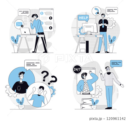Customer service concept set in flat design for web. Collection with people answering clients calling, chatting online and helping, consulting online, solving technical problems. Vector illustrations. Customer service concept set in flat design for web. Collection with people answering clients calling, chatting online and helping, consulting online, solving technical problems. Vector illustrations. 120961142