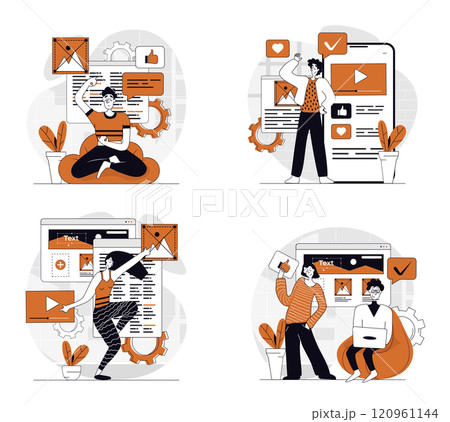 Content manager concept set in flat design for web. Collection with people creating text, photos, images, videos and other graphic contents for webpage filling and online posts. Vector illustrations. Content manager concept set in flat design for web. Collection with people creating text, photos, images, videos and other graphic contents for webpage filling and online posts. Vector illustrations. 120961144