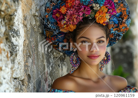 model poses gracefully rich traditional attire surrounded vibrant colors and intricate textures celebrating her heritage beautiful historic location sunny day. 120961159
