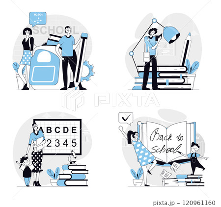 Back to school concept set in flat design for web. Collection with people studying at university or school classes, reading books, doing homework, pupils learning with teacher. Vector illustrations. 120961160