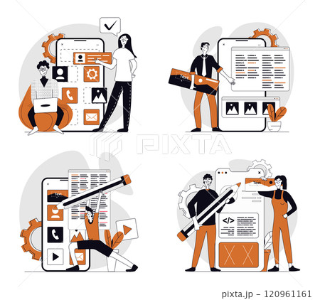 App development concept set in flat design for web. Collection with people programming wireframe mobile phone layouts with app buttons and elements, testing and coding templates. Vector illustrations. 120961161