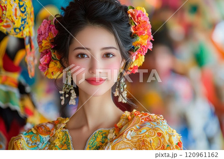 model showcases rich textures and vibrant colors traditional clothing highlighting cultural heritage. setting lively reflecting festive atmosphere midday. 120961162