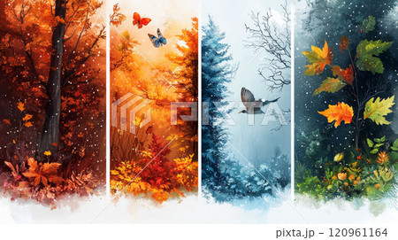 captivating artwork showcases transformation four seasons 2024 2025. quadrant vividly represents spring summer autumn and winter featuring rich colors and natural elements. 120961164