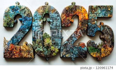 artwork illustrates year changing 2024 2025 using colorful puzzle pieces. piece represents unique aspects past year creating hopeful vision future. 120961174