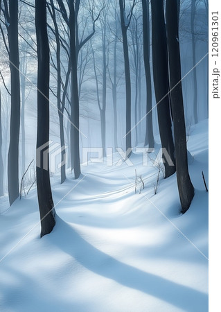 A Serene Winter Landscape Featuring a SnowCovered Pathway Nestled Within a Majestic and Tranquil Forest 120961301