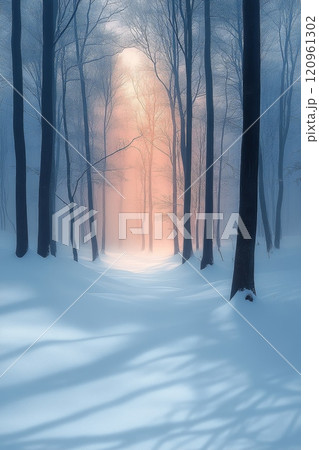 A Serene Winter Landscape Featuring a SnowCovered Pathway Nestled Within a Majestic and Tranquil Forest 120961302