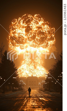unique Christmas tree designed resemble nuclear explosion. bright colors fill winter night sky as figure walks street surrounded trees and lights. 120961483