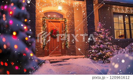 door of house decorated for christmas 120961612