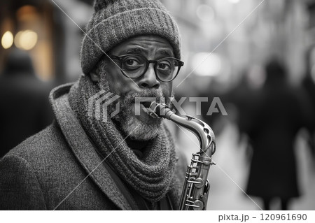 street musician passionately plays his saxophone bustling corner surrounded rhythm urban life afternoon light. black and white tones enhance emotional atmosphere. 120961690