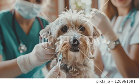 A dog is being treated by veterinarians at a healthcare facility, receiving an injection and examination 120961691