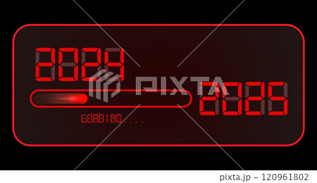 2025 Happy new year digital clock. 2024 loading to up 2025. Red led neon digital time style. Progress bar almost reaching new year eve. Vector illustration, red display isolated or black background 120961802