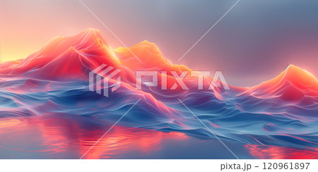 Abstract neon landscape: magical waves of light against the sunset 120961897