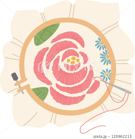 Needle and thread embroidering a pink rose and blue daisies on a circular hoop, showcasing the art of needlework and creating a beautiful floral design Needle and thread embroidering a pink rose and blue daisies on a circular hoop, showcasing the art of needlework and creating a beautiful floral design 120962213