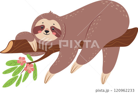 Adorable cartoon sloth hanging upside down on a tree branch adorned with pink flowers and green leaves, embodying a peaceful existence in the rainforest 120962233