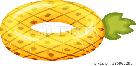 Inflatable ring floating representing a pineapple fruit with its characteristic yellow color and green leaves, ideal for summer vacations and pool parties, providing fun and relaxation 120962290