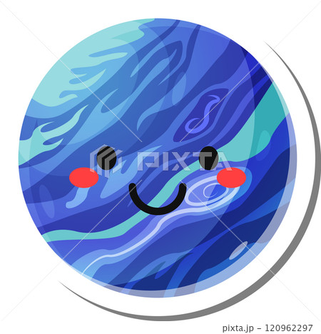 Cartoon drawing of a smiling blue planet with rosy cheeks, representing happiness, joy, and positive emotions associated with earth and environmental awareness 120962297