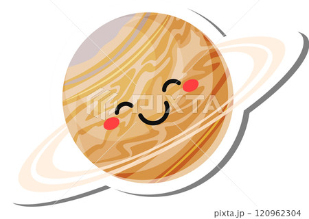 Jupiter, the largest planet in the solar system, smiling with pink cheeks and surrounded by its iconic rings, creates a cheerful and educational kawaii illustration 120962304