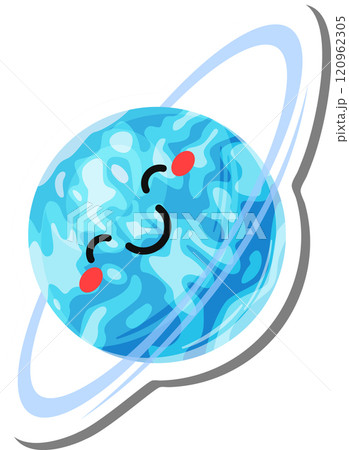 Cartoon representation of a smiling planet with rings, radiating happiness and charm, perfect for children s books, educational materials, or any project needing a touch of cosmic joy 120962305