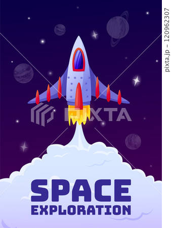Cartoon spaceship is launching from earth to explore and colonize new planets in deep space, with smoke plume and stars visible in the background 120962307