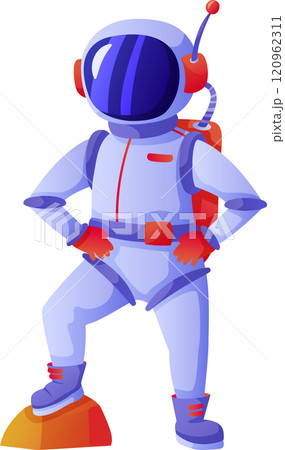 Cartoon illustration of astronaut wearing spacesuit with oxygen backpack standing on mars surface posing with hands on hips, showing confidence and determination in space exploration 120962311