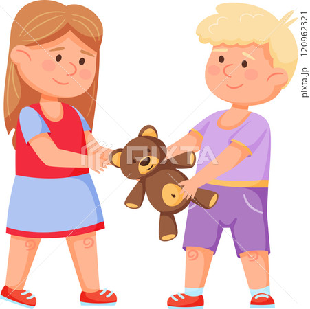 Girl giving her teddy bear to a boy, illustrating the values of sharing, friendship, kindness, and generosity among children, fostering emotional intelligence and social skills 120962321