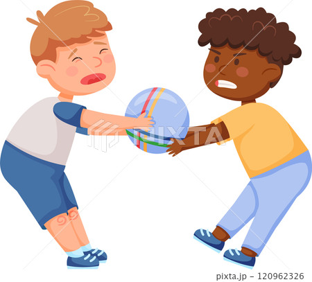 Two boys fighting over a ball, one crying while the other expresses anger, illustrating childhood conflicts related to bullying and racism in a school playground setting 120962326