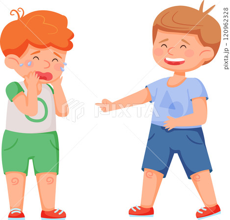 Preschool boy laughing and pointing at another boy covering his face in tears, highlighting conflict, mockery, and negative emotions in a school setting Preschool boy laughing and pointing at another boy covering his face in tears, highlighting conflict, mockery, and negative emotions in a school setting 120962328