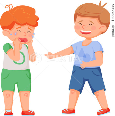 Boy pointing at another boy crying, illustrating bullying and mockery among children while emphasizing the need for empathy in childhood interactions 120962335