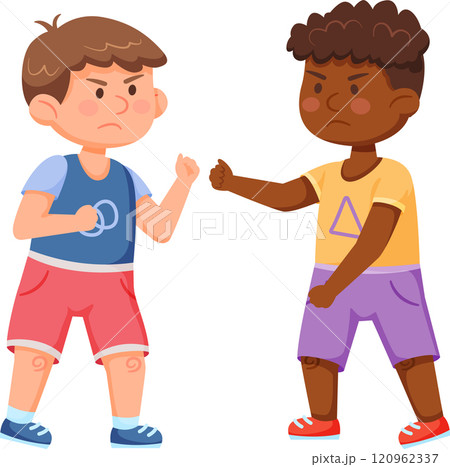 Two angry boys are fighting, quarreling and arguing, showing fists to each other, childish conflict and aggression, bad behavior, kids rivalry and misunderstanding, problem in communication 120962337