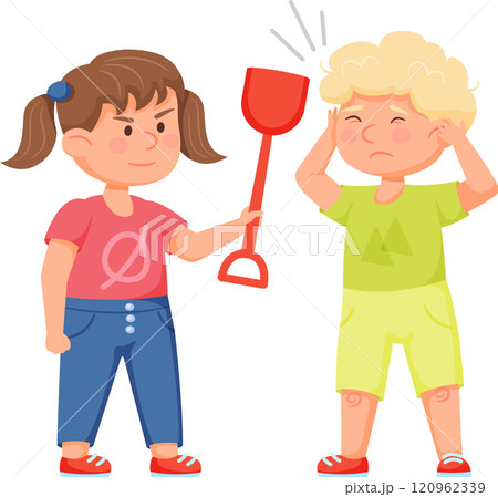 Angry little girl threatening a scared boy holding a red toy shovel, children quarrel, bad behavior, conflict between kids, negative emotions, problem in relationship 120962339