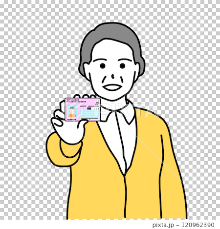マイナンバーカードをこちらへ見せているシニア女性のイラスト 120962390