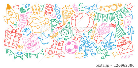 Cute colorful hand drawn childish sketch scribbles set for birthday boys party event decoration 120962396