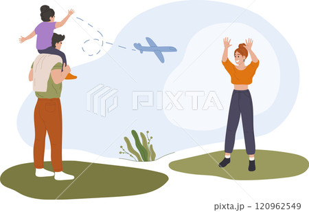 Family waving goodbye to departing airplane, mother raising hands and child sitting on father s shoulders watching plane flying away, concept of travel and family vacation Family waving goodbye to departing airplane, mother raising hands and child sitting on father s shoulders watching plane flying away, concept of travel and family vacation 120962549
