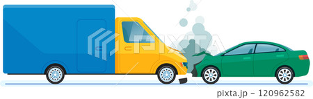 Yellow and blue delivery van crashing into a green car, with smoke coming out of the front of the green car after the impact, representing a road accident Yellow and blue delivery van crashing into a green car, with smoke coming out of the front of the green car after the impact, representing a road accident 120962582