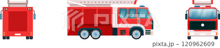 Red firetruck with extendable ladder in three different positions, front, side, and rear view, isolated on a white background, useful for illustrating emergency services 120962609