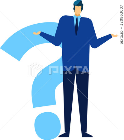 Businessman in a suit shrugging with a large question mark behind him, representing confusion, uncertainty, and the search for answers in business decision making 120963007