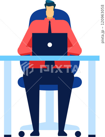 Office worker sitting at a desk, focused on working with a laptop, dressed in a red shirt and blue tie, depicted in a modern flat design illustration 120963058