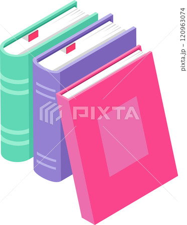 Three colorful books, featuring bookmarks, are arranged together, offering an isometric perspective that highlights their vibrant hues and organized presentation Three colorful books, featuring bookmarks, are arranged together, offering an isometric perspective that highlights their vibrant hues and organized presentation 120963074