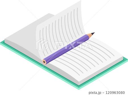 Open book resting on flat surface with purple pencil acting as bookmark, presented in isometric view, emphasizing learning, studying, and knowledge concepts 120963080