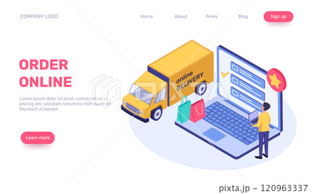 Isometric e commerce scene featuring a customer managing online delivery on a laptop with a checklist as a delivery truck approaches, highlighting efficient order fulfillment 120963337