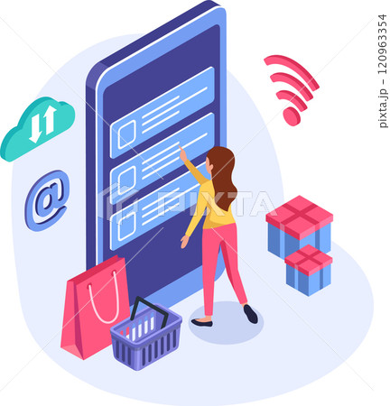 Online shopping concept showing a woman selecting items on a checklist displayed on a large smartphone, with shopping icons and gift boxes symbolizing e commerce and purchase 120963354