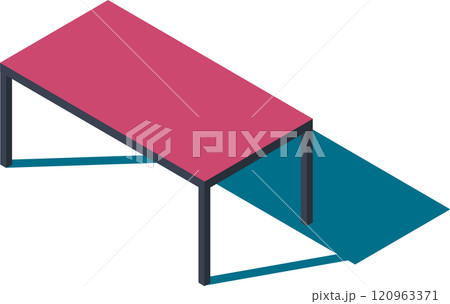 Minimalist isometric illustration featuring a pink table with dark gray legs casting a distinct shadow on a blue floor, creating a simple yet stylish visual 120963371
