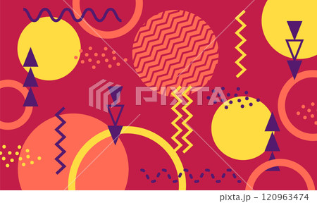 Vibrant geometric shapes and patterns creating a dynamic memphis design background, featuring circles, triangles, zigzags, and dotted textures in a retro inspired color palette 120963474