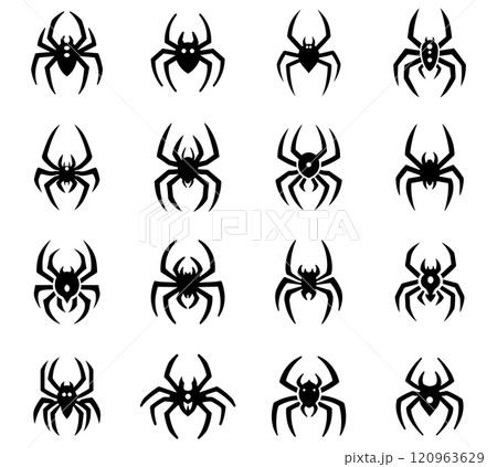 Spider icon line set. Cartoon scary tarantula collection and top view insect. Black element horror decoration and silhouette spidery vector illustration 120963629