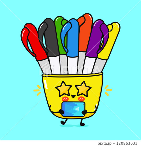 Multi-colored pens with smartphone character. Vector hand drawn cartoon kawaii character illustration icon. Isolated on blue background. Multi-colored pens character concept Multi-colored pens with smartphone character. Vector hand drawn cartoon kawaii character illustration icon. Isolated on blue background. Multi-colored pens character concept 120963633