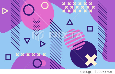 Modern abstract background featuring various geometric shapes like circles, triangles, and squares, combined with dynamic lines and crosses, creating a vibrant and playful composition 120963706